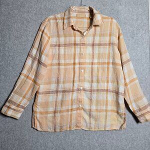 Kate Hill Women 100% Linen M Plaid Button Up Shirt Coastal Granola Girl Beachy